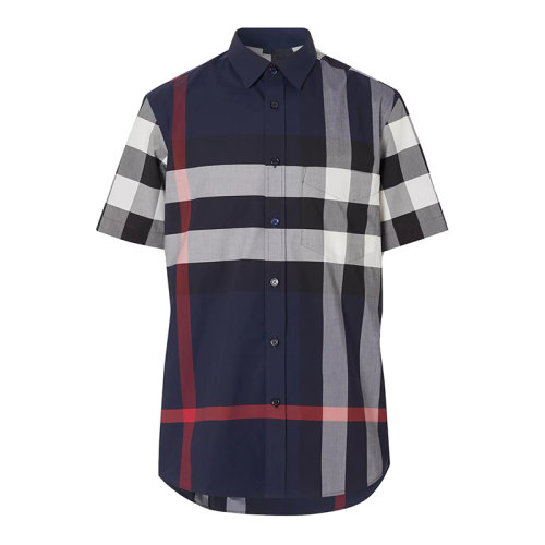 BURBERRY/博柏利 男士海军蓝短袖格纹弹力棉府绸衬衫80208551
