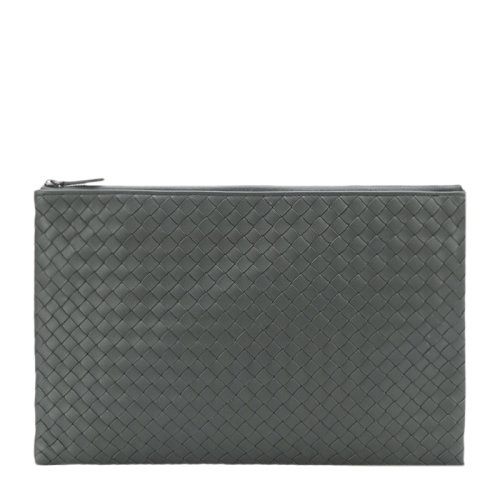 Bottega Veneta/葆蝶家 中性黑色羊皮编织大号拉链手拿包