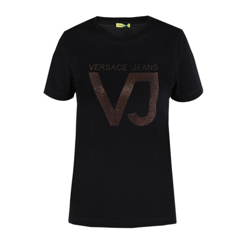 VERSACE JEANS/范思哲牛仔 女士黑色棉质经典字母徽标印花装饰圆领短袖上衣T恤 B2HRB7G1-36272-899