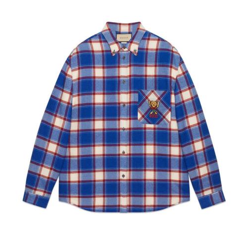  GUCCI古驰 22年秋冬 男士 Gucci小猫刺绣格纹羊毛衬衫 694142 ZAJTS 4370