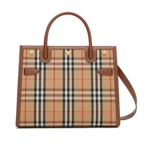 BURBERRY/博柏利 浅驼色 皮革小号Vintage格纹斜挎单肩手提包80252741