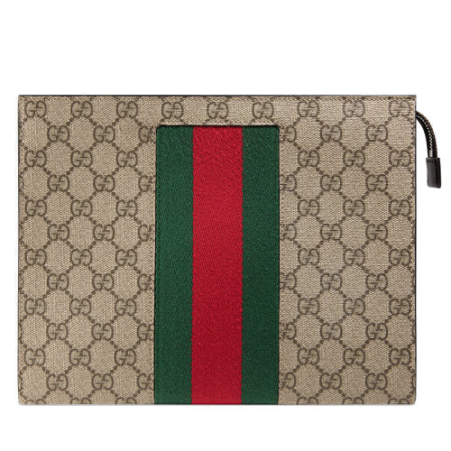 GUCCI/古驰 经典款男士米色/乌木色GG Supreme帆布红色绿色织带手拿包475316KHN4N9791