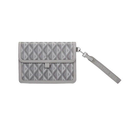 DIOR/迪奥 23新款 HIT THE ROAD系列 男士A5灰色帆布配皮镀钯黄铜字母标志尼龙提花可拆卸腕带磁性翻盖开合手拿包2ESCA444CDP_H42E