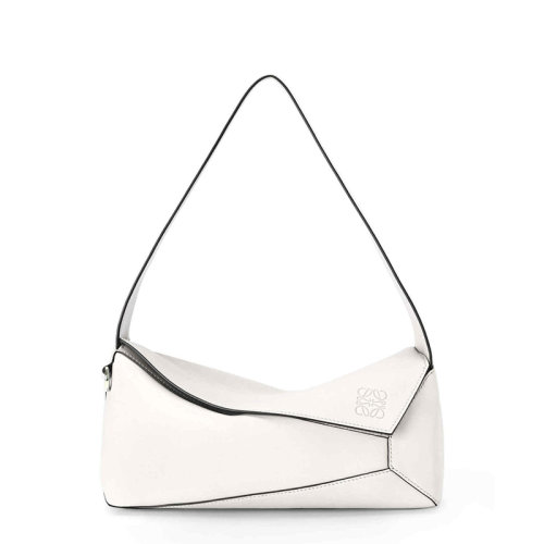 LOEWE/罗意威 22春夏新款Puzzle Hobo系列 女士棉白色拼接效果牛皮革徽标压印金扣单肩斜挎拼图包0010701423