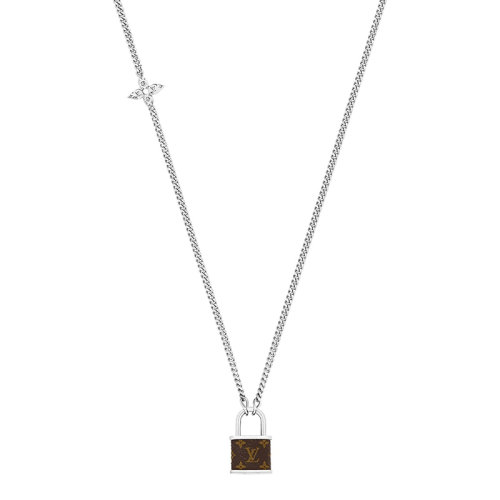 Louis Vuitton/路易威登 经典款MONOGRAM LOCK系列 银色金属链条饰配老花帆布造型小锁吊坠项链M00525