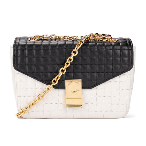 CELINE/赛琳【极速发货】女士链条logo金属牌按扣单肩斜挎ins风背包黑色系皮革187253BFD防尘随机女包