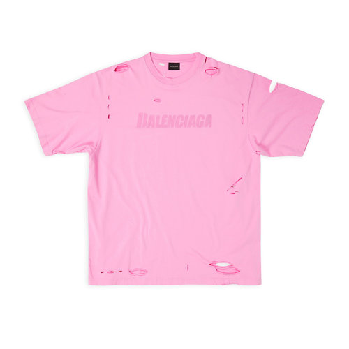 Balenciaga/巴黎世家 22年秋冬新款 女士粉色纯棉饰有同色印花LOGO图案撕裂效果设计圆领T恤651795TNVL15700