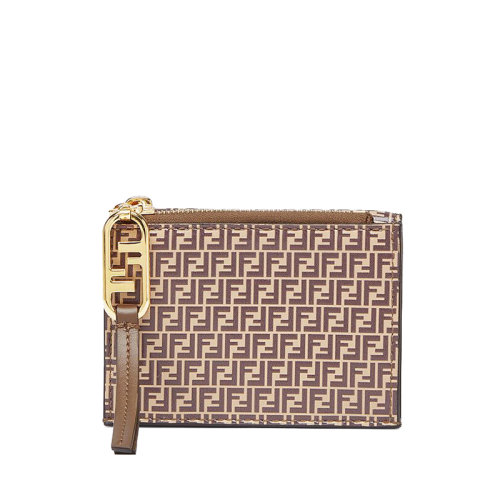 FENDI/芬迪 20  女士微型米色小牛皮棕色FF印花拉链三折钱包8M0462AHM1F1FNK