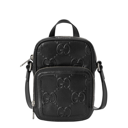 GUCCI/古驰 GG embossé系列 男女同款迷你黑色双G压纹皮革拉链单肩斜挎手机包6585531W3AN1000