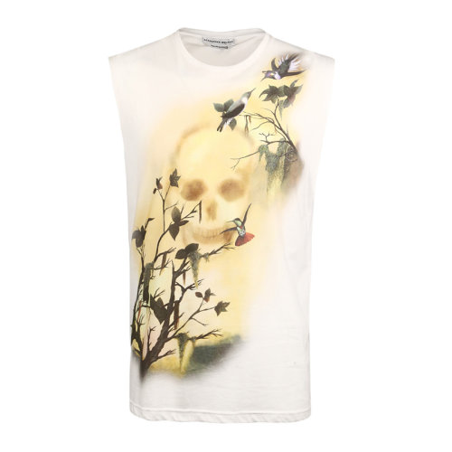 Alexander McQueen/亚历山大麦昆 男装 服饰 上衣白色棉印花无袖T恤 男士短袖T恤