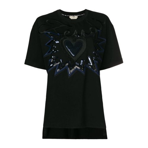 Fendi/芬迪  女装 服饰 黑色棉质爱心刺绣图案圆领半袖女士短袖T恤