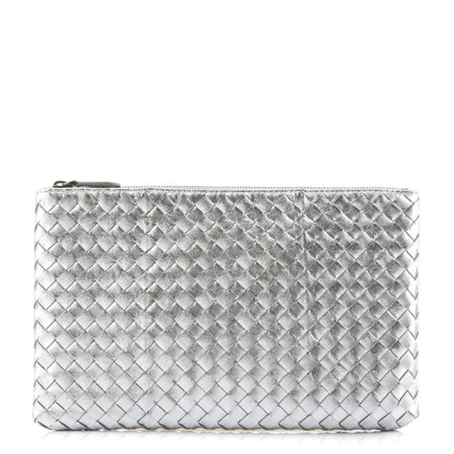 Bottega Veneta/葆蝶家 女士银色编织小羊皮短款手拿包钱包卡包女包 256400-V0041-1420