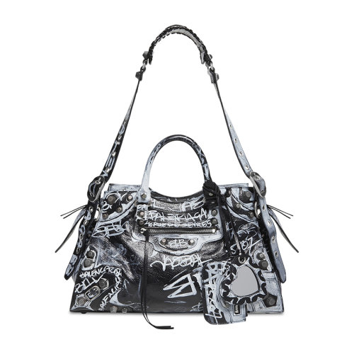 Balenciaga/巴黎世家 22新款 NEO CAGOLE CITY系列 女士黑白涂鸦印花小羊皮复古银色饰面拉链开合拆卸心形镜子拉链口袋徽标压花编织手柄手提包700451210GC1090