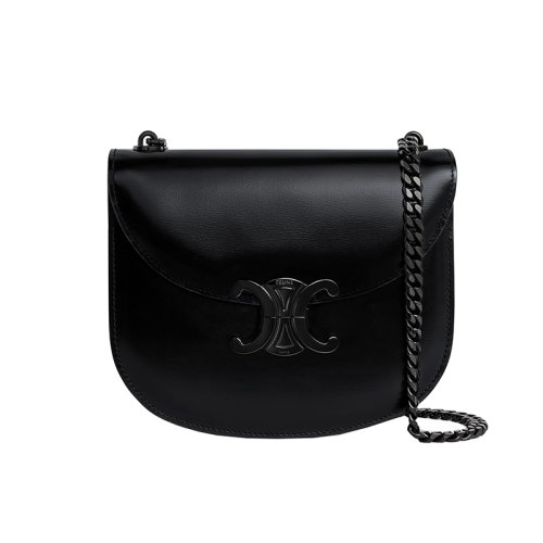CELINE/赛琳 22新款 TRIOMPHE系列 女士黑色缎面小牛皮金属三角扣链条斜挎单肩包110973EQJ.38NN