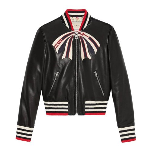 GUCCI 古驰 女装 服饰 黑色皮革飞行员长袖外套女士夹克