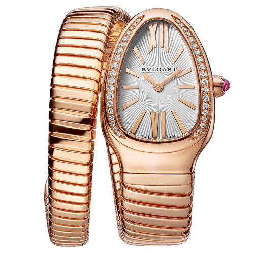 BVLGARI/宝格丽 18K金玫瑰金表壳和螺旋表链 镶有明亮式切割钻石银色不透明表盘 SERPENTI TUBOGAS石英手表 35毫米103003