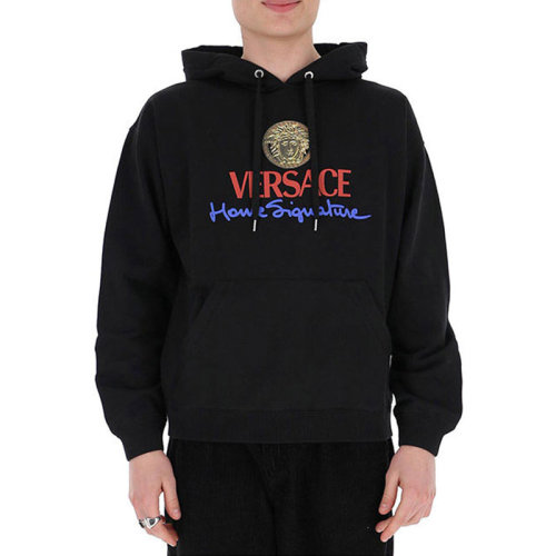 VERSACE/范思哲  男装 时尚简约 品牌字母LOGO 男士黑色棉质连帽卫衣 A86022A-2A2-1242