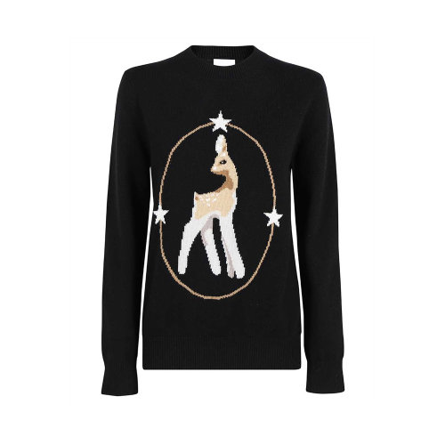 BURBERRY/博柏利 女士黑色羊毛混纺羊绒小鹿图案印花装饰圆领长袖毛衣针织衫 8024500