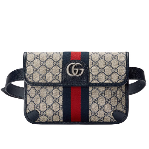 Gucci/古驰 22春夏新款Ophidia系列 男士米色/蓝色提花帆布红蓝织带银色徽标老花腰包 67408196IWN4076