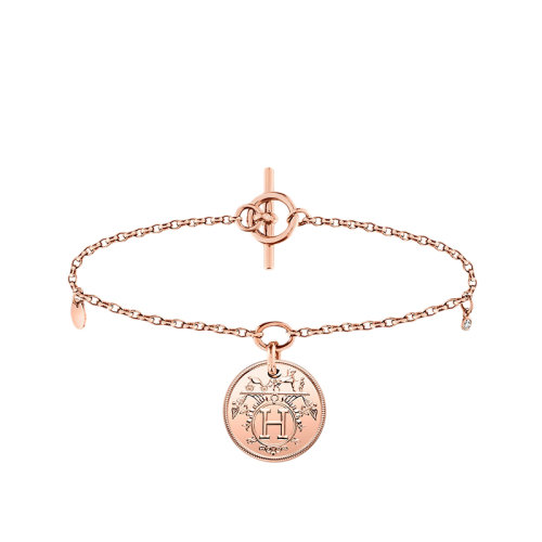 HERMES/爱马仕 经典Hermès Ex-Libris系列 小号镶钻18K金玫瑰金环形扣圆形挂坠手链H120441B