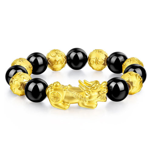 GJY/古金玥 六六大顺 3D硬金999足金 六字箴言玛瑙款男士黄金转运珠手链 送备珠