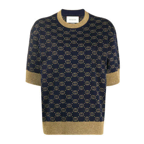 GUCCI 古驰 女装 服装 羊毛双G印花互扣式GLAMé羊毛提花短袖圆领套头衫 女士针织衫/毛衣