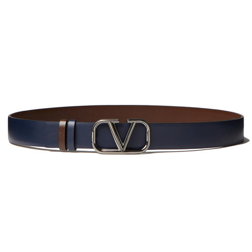Valentino/华伦天奴 22年春夏新款 VLOGO SIGNATURE系列 男士海军蓝色/棕色小牛皮银扣双面腰带30毫米1Y2T0T47YYF7K9
