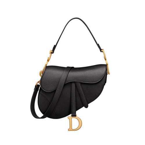 DIOR/迪奥 23新款 女士黑色粒面小牛皮马鞍形翻盖磁性D形环扣开合单肩斜挎手提马鞍包M0455CBAA_M900