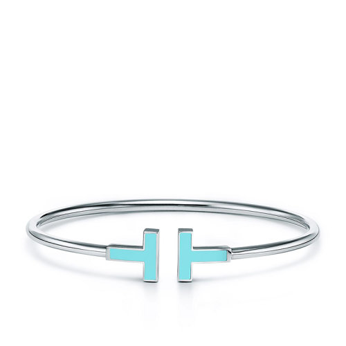 Tiffany & Co.蒂芙尼  Tiffany T Wire系列18k金白金绿松石T字手镯GRP11109