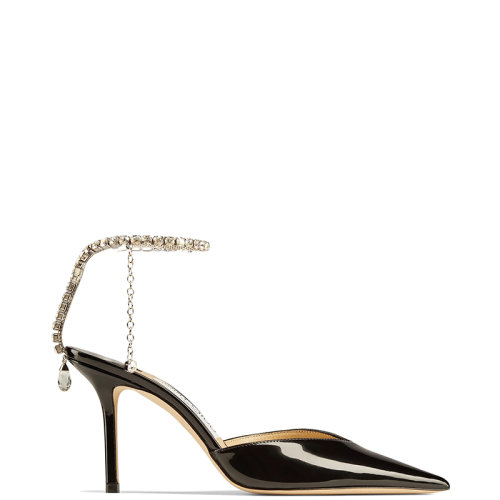 Jimmy Choo/周仰杰 22年秋冬新款 Saeda 85系列 女士黑色漆皮水晶装饰高跟鞋SAEDA85BOB-NC