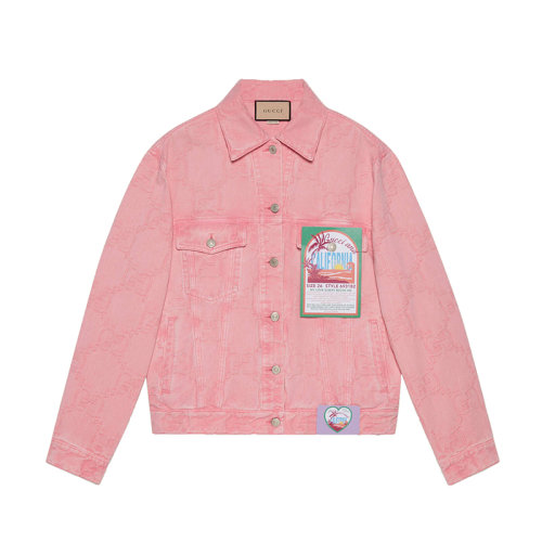 GUCCI/古驰 22秋冬新款 女士粉色纯棉饰岛屿刺绣双G牛仔夹克678791XDBZK5739