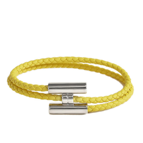 HERMES/爱马仕 经典款Tournis系列 青柠色小牛皮编织饰H银扣手链H068406FP9R