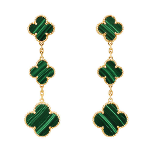 Van Cleef & Arpels/梵克雅宝  经典MagicAlhambra系列 18K金黄金镶嵌绿色孔雀石三花耳坠VCARO2AG00