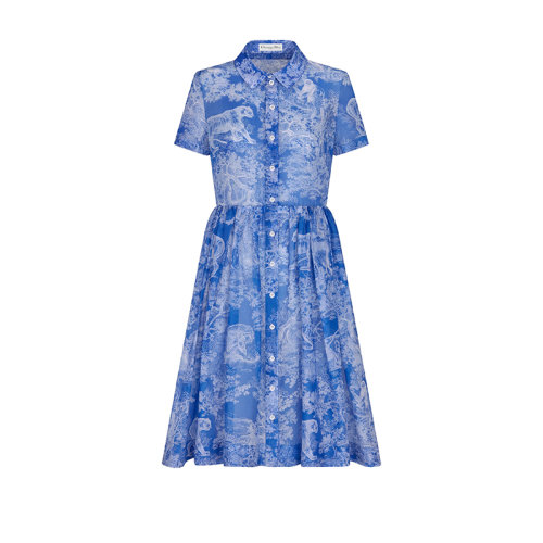 DIOR/迪奥 22年秋冬新款 女士湖蓝色纯棉薄纱面料Reverse茹伊印花图案中长款衬衫式连衣裙241R81A3846_X5882