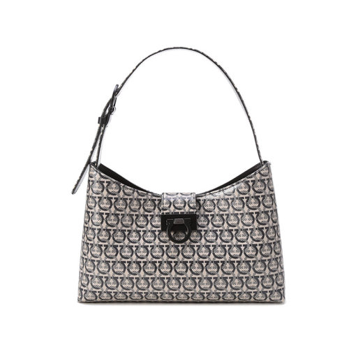 Salvatore Ferragamo/菲拉格慕 【22年新款】 女士Trifolio系列织物/牛皮革(表面覆有涂层)手提单肩包腋下包Gancini老花图案 1380