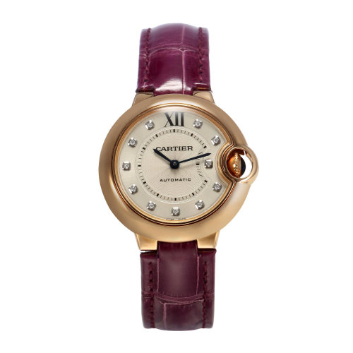 CARTIER/卡地亚 蓝气球系列镶钻款18K金玫瑰金表壳紫色鳄鱼皮表带女士自动机械腕表 33毫米