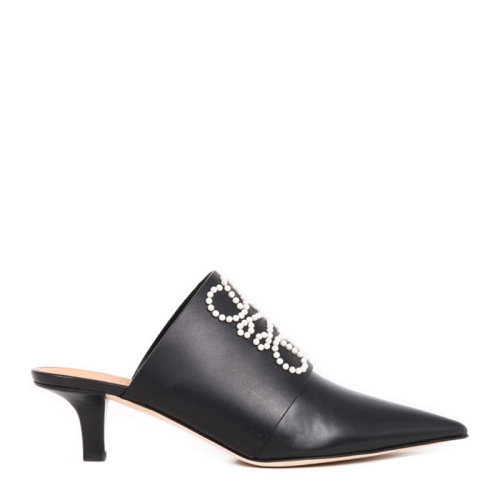 LOEWE 罗意威 女士 服装  黑色细跟尖头珍珠装饰包脚牛皮高跟拖鞋 女士凉拖