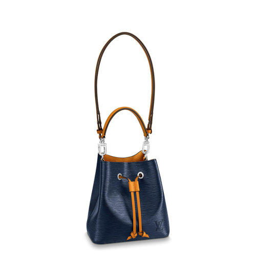 Louis Vuitton/路易威登 22春夏新款NEONOé BB系列 女士靛蓝色水波纹粒面牛皮革饰藏红花黄细节修饰银扣配可拆卸肩带单肩斜挎手提抽绳水桶包M53610