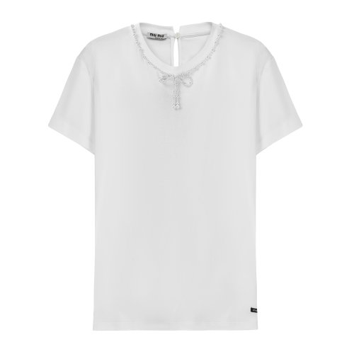 MiuMiu/缪缪 白色 女士蝴蝶结装饰短袖T恤 MJN175_1V0F_F0009