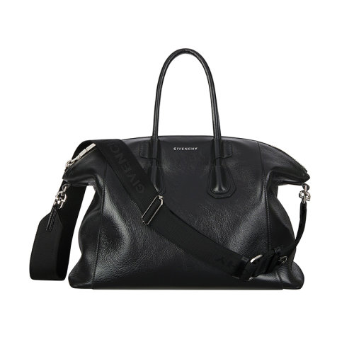 Givenchy/纪梵希 22新款 Antigona Sport系列 女士小号黑色小牛皮拉链开合银色压花字母标志提花帆布拆卸宽肩带银色饰面金属单肩斜挎手提包BB50MZB1LD-001