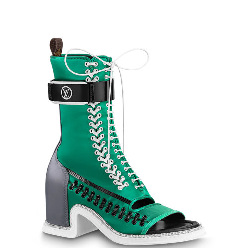 Louis Vuitton/路易威登 22年春夏新款 MOONLIGHT系列 女士绿色丝缎粗跟露趾半筒靴中筒靴1AA0L7