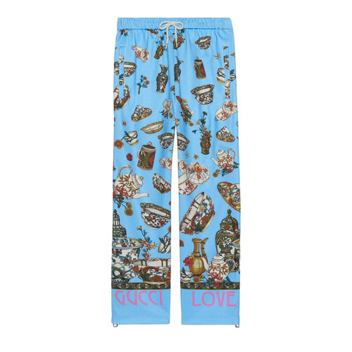 GUCCI/古驰 22年秋冬新款 Lovelight系列 男士蓝色粘胶纤维面料茶具印花慢跑长裤运动裤706909XJERV4020
