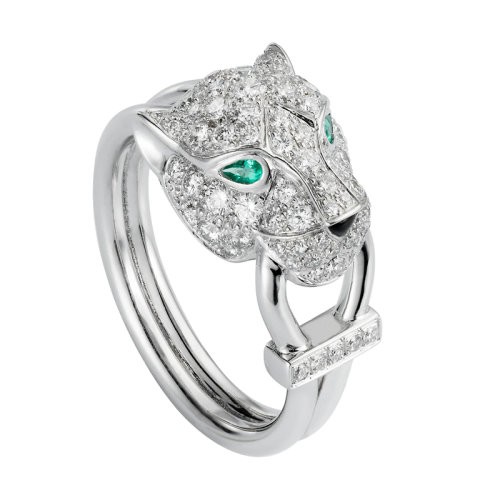 CARTIER/卡地亚 Panthère 系列 18K金白金钻石祖母绿玛瑙戒指 镶嵌81颗明亮式切割钻石N4244700