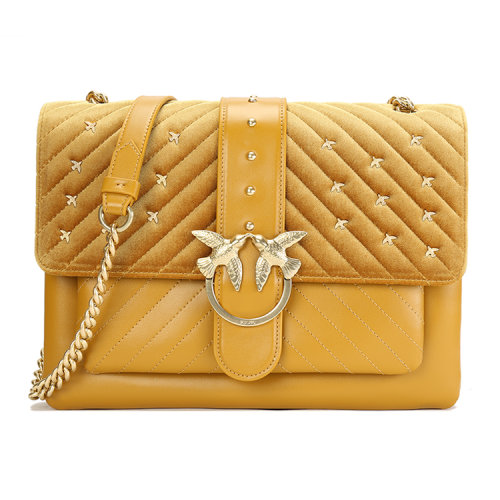 PINKO 黄棕色皮革拼接丝绒 金色圆环双飞燕 女士 单肩包 1P217QY514 ZZO