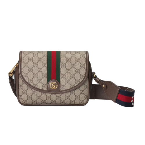 GUCCI/古驰 22新款Ophidia系列 女士迷你米色/乌木色老花帆布配皮红绿色织带细节配红蓝铆钉肩带单肩斜跨包722117FAAX39789