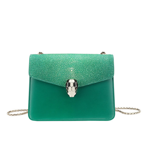 BVLGARI/宝格丽 SERPENTI FOREVER系列 绿色和翠绿色小牛皮配以标志性蛇头搭扣小号翻盖斜挎单肩包 37035