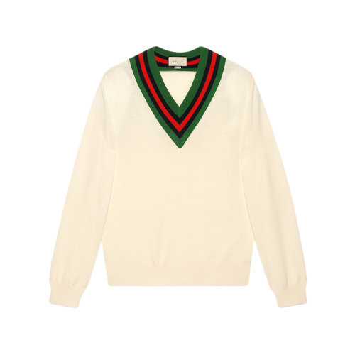 GUCCI/古驰  男士时尚百搭 V领 白色 羊毛针织衫/毛衣 576802 XKAUK 9133