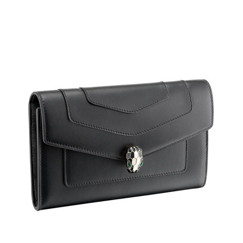 BVLGARI/宝格丽  SERPENTI FOREVER系列 女士大号黑色柔软小牛皮金色黄铜和黑色珐琅蛇头扣钱包290836