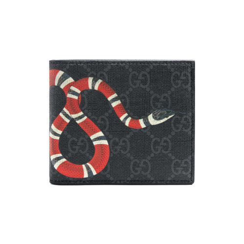 GUCCI/古驰 新款男士黑色帆布珊瑚蛇印花对折钱包 451268K551N1058