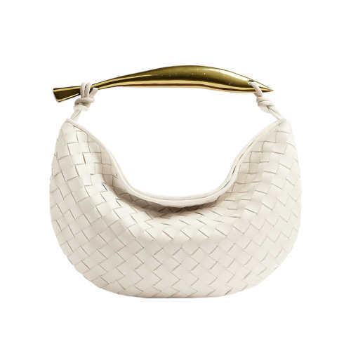 Bottega Veneta/葆蝶家 22新款 女士小号白色羔羊皮磁扣开合金属手柄黄铜饰面手提包716082VCPP19104